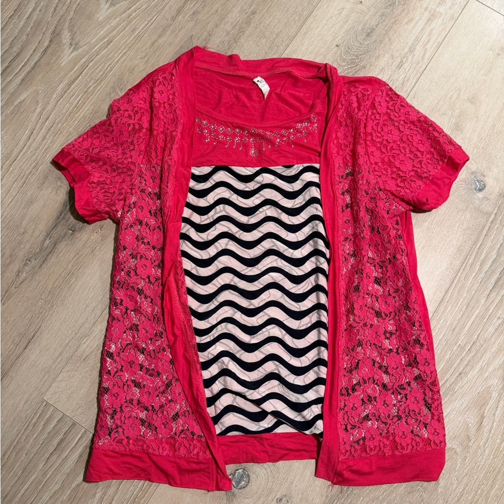 Pink Lace Overlay Short Sleeve Tee